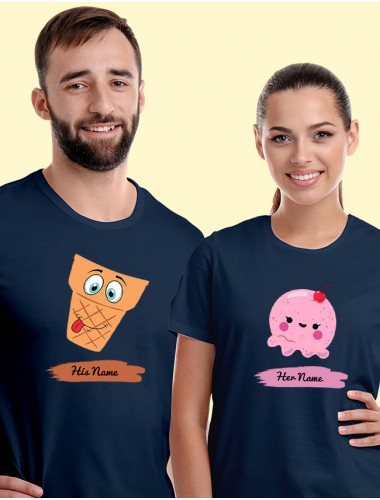 Dessert Theme with Names On Navy Blue Color Personalized Couple Tshirt