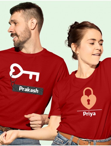 Romantic Heart Lock And Key Couples T Shirt Red Color