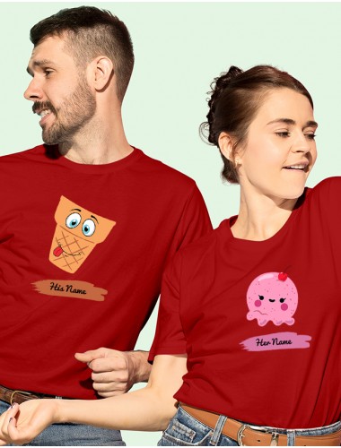Dessert Theme with Names On Red Color Personalized Couple Tshirt