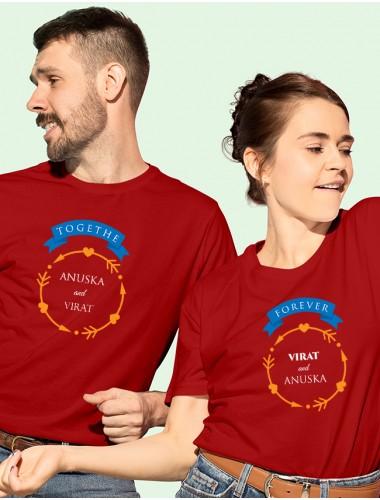 Yellow Love Arrows Forever and Together with Names On Red Color Personalized Couple Tshirt