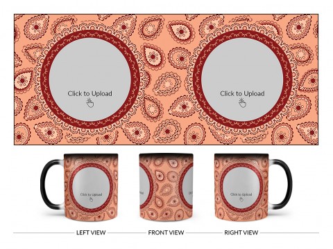 Pattern Background With Two Oval Shaped Pic Upload Design On Magic Black Mug