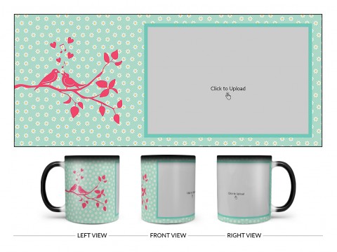 Love Birds Singing On Tree Branch With Sunflower Pattern Background Design On Magic Black Mug