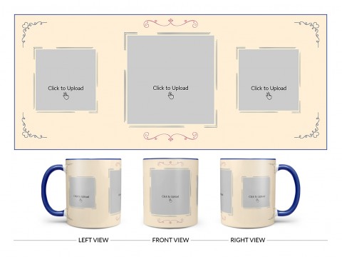 Cream Colour Floral Ornament Border With 3 Pic Upload Upload Design On Dual Tone Blue Mug