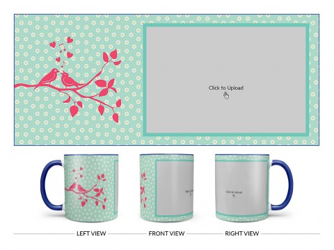Love Birds Singing On Tree Branch With Sunflower Pattern Background Design On Dual Tone Blue Mug