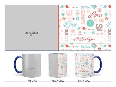 Love, You & Me, Birds Pattern Background Design On Dual Tone Blue Mug