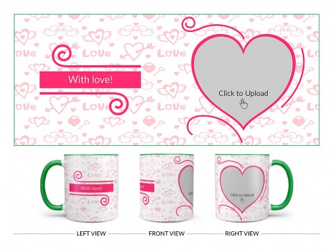 Love Pattern Background With Pink Heart Design On Dual Tone Green Mug