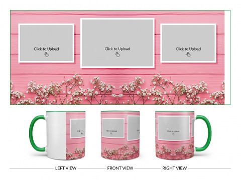 Wooden Wall With Small Flowers 3 Pic Upload Design On Dual Tone Green Mug