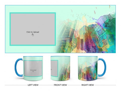 Artistic Building Painting Background Design On Dual Tone Sky Blue Mug
