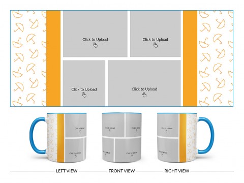 Orange Colour Umbrella Pattern Background With 4 Pic Upload Upload Design On Dual Tone Sky Blue Mug