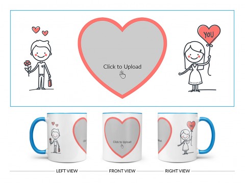 Boy Holding Flower And Girl Holding Balloon Design On Dual Tone Sky Blue Mug