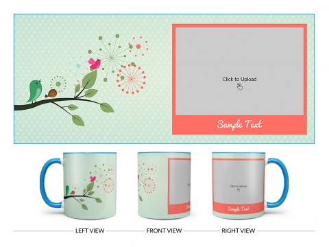 Birds On Tree Branch With Light Green Love Symbols Background Design On Dual Tone Sky Blue Mug