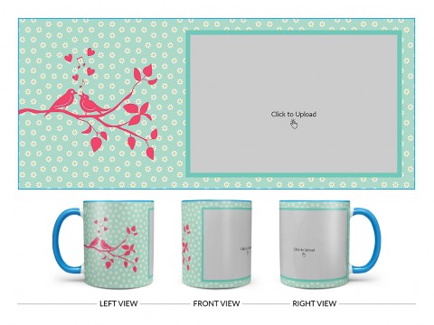 Love Birds Singing On Tree Branch With Sunflower Pattern Background Design On Dual Tone Sky Blue Mug