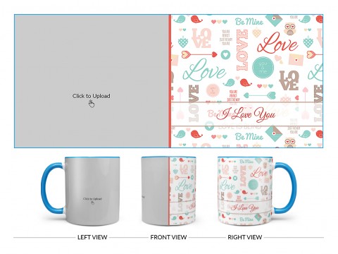 Love, You & Me, Birds Pattern Background Design On Dual Tone Sky Blue Mug