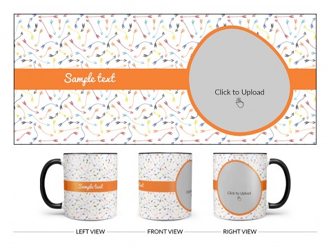 Multiple Arrows Pattern Background With Oval Shape Pic Upload Design On Dual Tone Black Mug