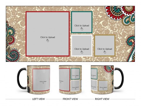 Traditional Background With 4 Pic Upload Design On Dual Tone Black Mug