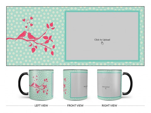 Love Birds Singing On Tree Branch With Sunflower Pattern Background Design On Dual Tone Black Mug