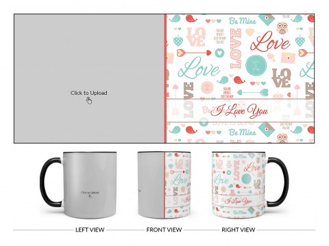 Love, You & Me, Birds Pattern Background Design On Dual Tone Black Mug