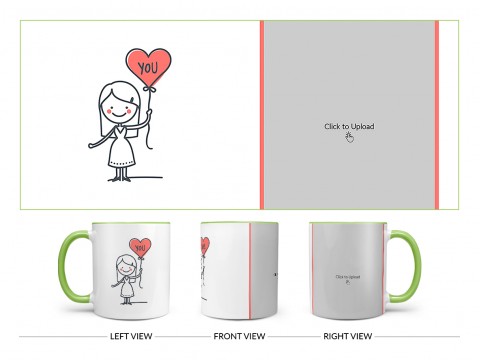 Girl Holding A Love Balloon Design On Dual Tone Light Green Mug