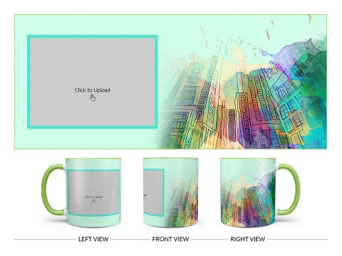 Artistic Building Painting Background Design On Dual Tone Light Green Mug