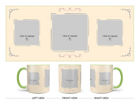 Cream Colour Floral Ornament Border With 3 Pic Upload Upload Design On Dual Tone Light Green Mug