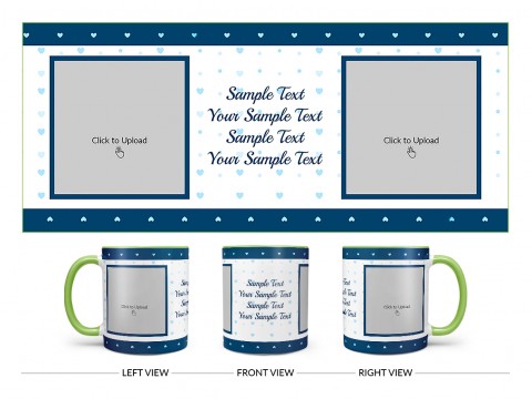 Dark Blue Love Symbols borders With Love Symbol Background Design On Dual Tone Light Green Mug