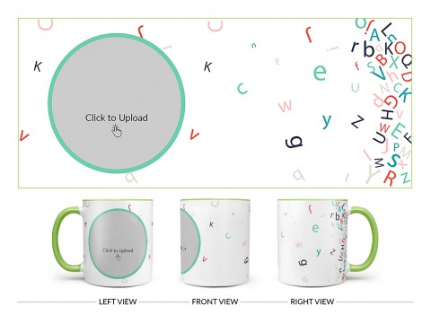 Flying Alphabets With White Background Design On Dual Tone Light Green Mug