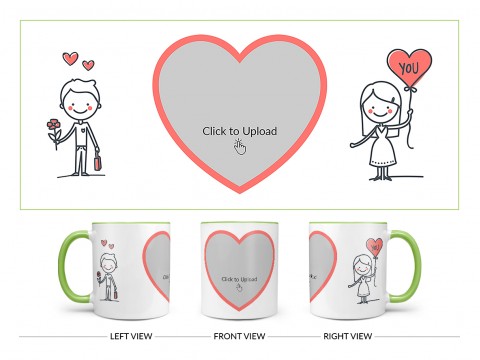 Boy Holding Flower And Girl Holding Balloon Design On Dual Tone Light Green Mug