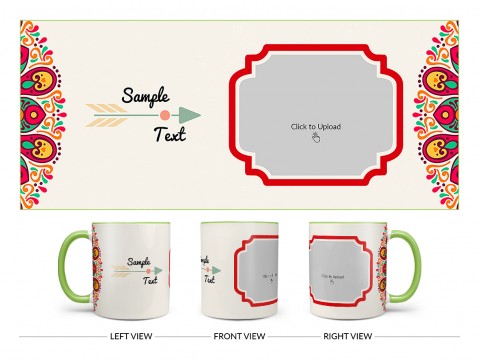 Colourful Floral Art With Arrow Design On Dual Tone Light Green Mug