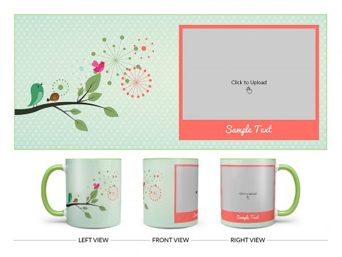 Birds On Tree Branch With Light Green Love Symbols Background Design On Dual Tone Light Green Mug