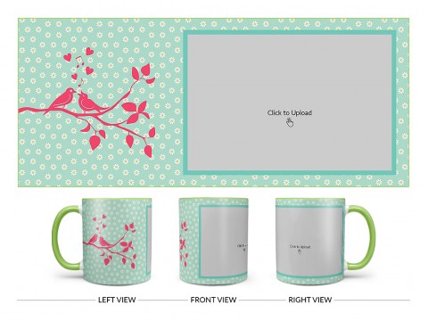 Love Birds Singing On Tree Branch With Sunflower Pattern Background Design On Dual Tone Light Green Mug