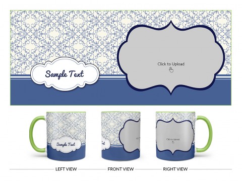Flower Pattern Background With Dark Blue Border Design On Dual Tone Light Green Mug