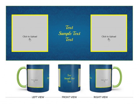Dark Blue Flower Pattern Background With Yellow border Design On Dual Tone Light Green Mug