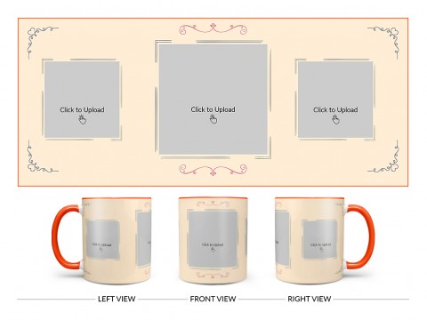 Cream Colour Floral Ornament Border With 3 Pic Upload Upload Design On Dual Tone Orange Mug