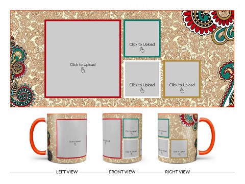 Traditional Background With 4 Pic Upload Design On Dual Tone Orange Mug