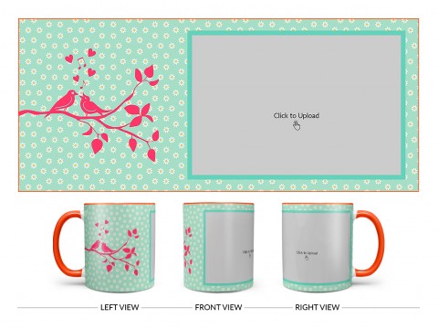 Love Birds Singing On Tree Branch With Sunflower Pattern Background Design On Dual Tone Orange Mug