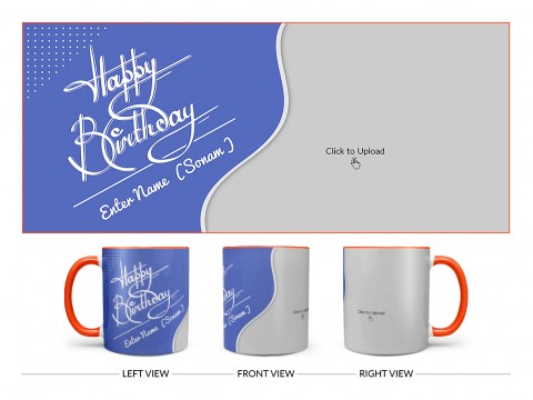 Blue Wave Design With Happy Birthday Text Design On Dual Tone Orange Mug