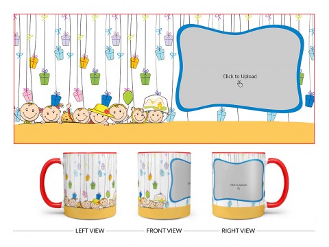 Multiple Kids Behind The Wall And Gifts Pattern Background Design On Dual Tone Red Mug