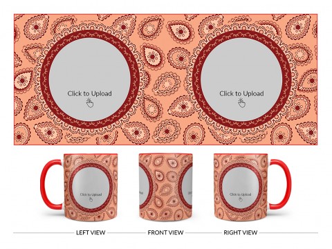 Pattern Background With Two Oval Shaped Pic Upload Design On Dual Tone Red Mug