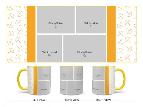 Orange Colour Umbrella Pattern Background With 4 Pic Upload Upload Design On Dual Tone Yellow Mug
