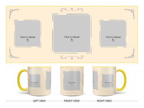 Cream Colour Floral Ornament Border With 3 Pic Upload Upload Design On Dual Tone Yellow Mug