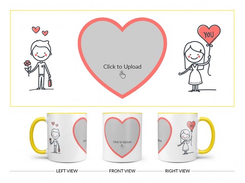 Boy Holding Flower And Girl Holding Balloon Design On Dual Tone Yellow Mug