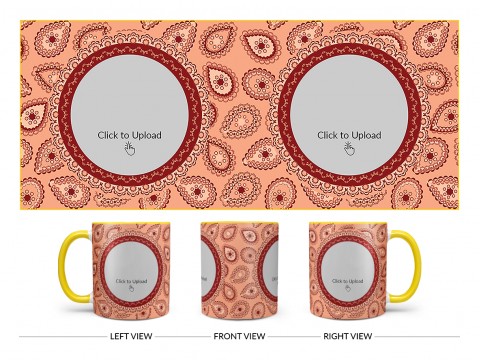 Pattern Background With Two Oval Shaped Pic Upload Design On Dual Tone Yellow Mug