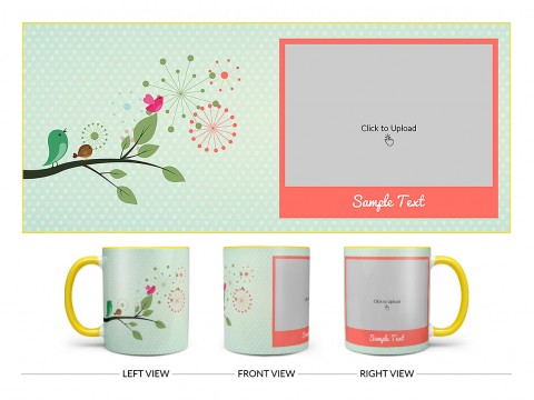Birds On Tree Branch With Light Green Love Symbols Background Design On Dual Tone Yellow Mug