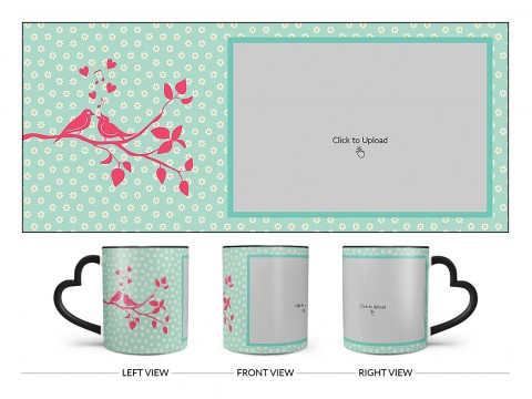 Love Birds Singing On Tree Branch With Sunflower Pattern Background Design On Love Handle Dual Tone Black Mug
