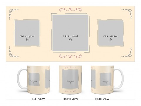 Cream Colour Floral Ornament Border With 3 Pic Upload Upload Design On Plain white Mug