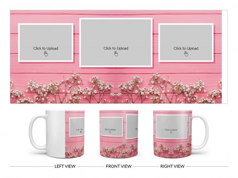 Wooden Wall With Small Flowers 3 Pic Upload Design On Plain white Mug